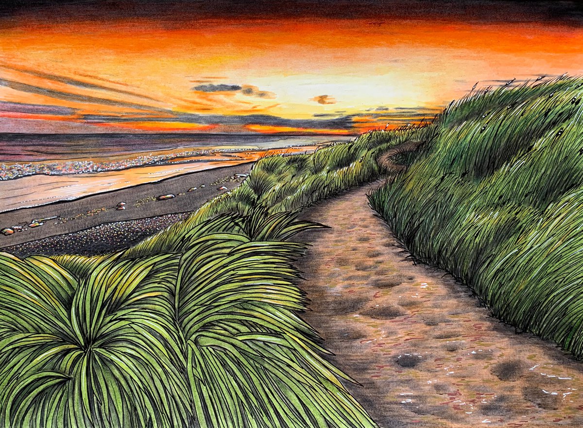 Illustrative Painting , Oxwich At Sunset By Karen Elaine Evans, 17 X 12, Artwork For Sale On Artfinder