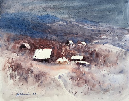 Winter landscape painting Original watercolor by Andrii Kovalyk
