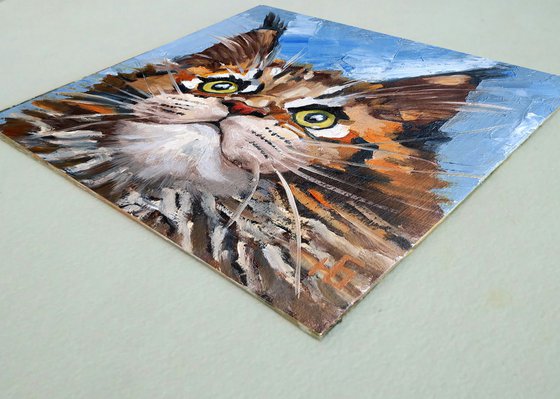 Cat Oil Painting Maine Coon Original Art Meme Pet Artwork Tabby Cat Portrait