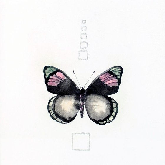 Butterfly / Framed ink painting with metallic pigment and silver leaf