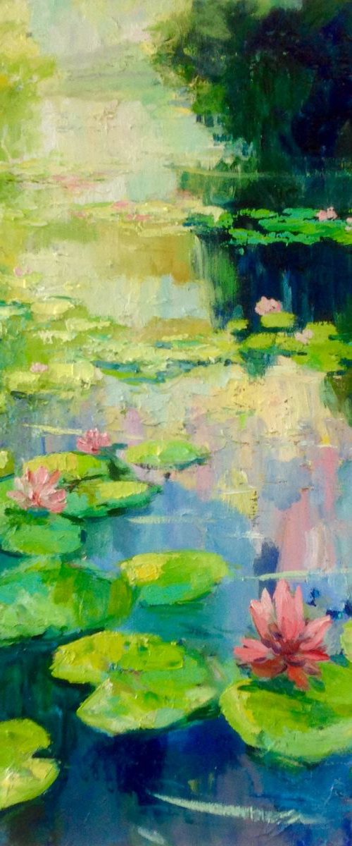 River with lotos flowers. water lilies pond oil painting landscape river sunlight waterlily by Nataliia Nosyk