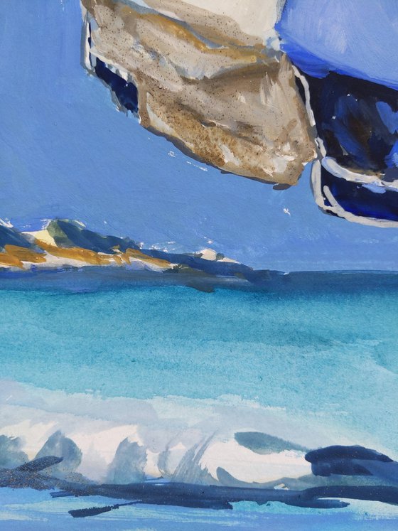 Umbrella on the beach of Corfu island - Corfu island - original watercolor painting - seascape painting - waves
