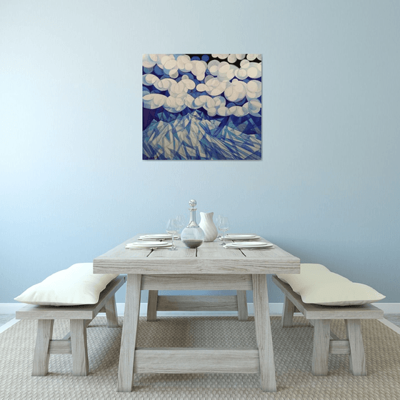 Winter evening (90x80cm, cubism, oil painting, ready to hang)