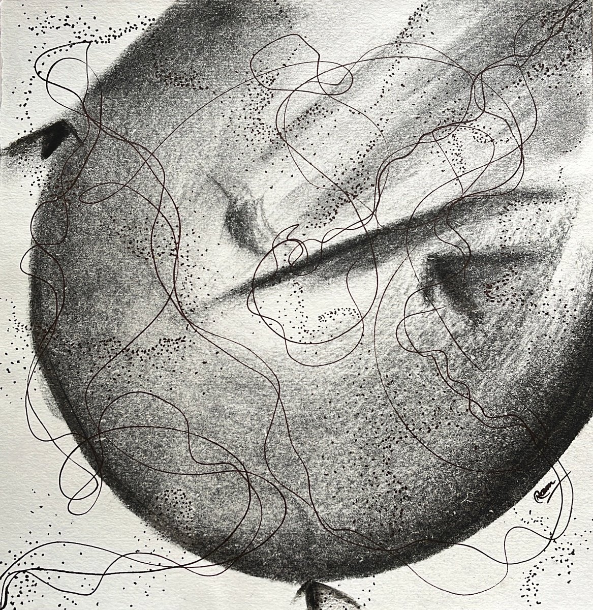 Impressionistic Abstract Charcoal Drawing By Ram Barkhane, 8 X 8", Celestial Flight, Original Artwork