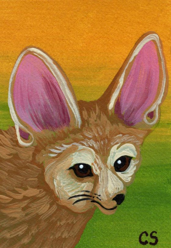 ACEO ATC Original Miniature Painting Fennec Fox Wildlife Art-Carla Smale