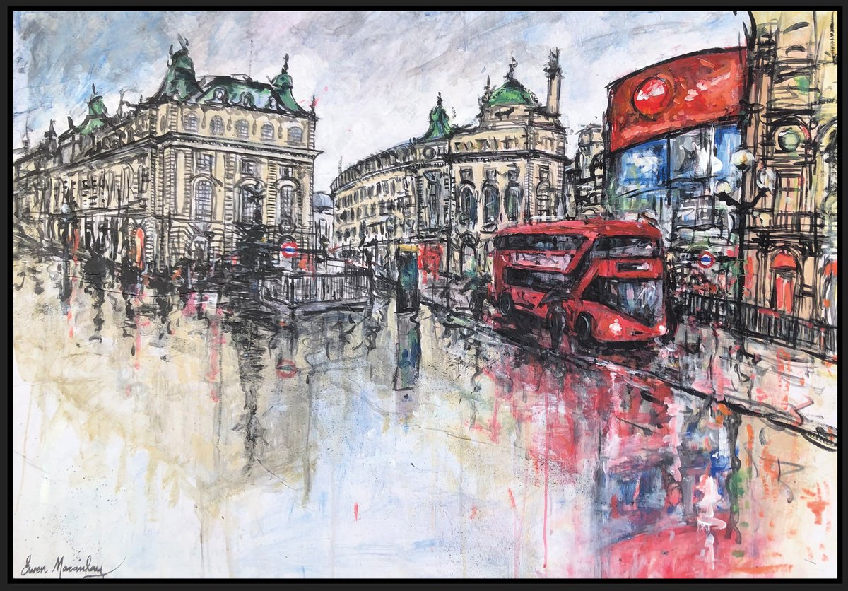 Impressionistic Cityscapes Acrylic Painting By Ewen Macaulay, 50 X 35, Piccadilly In The Rain, Original Artwork