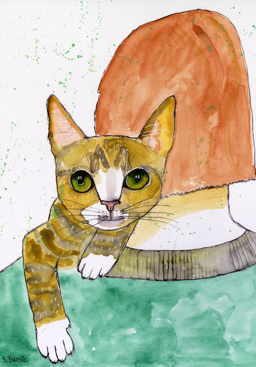 Naive Animal Watercolour By Sharyn Bursic, 8 X 12", Shoulder Cat, Original Artwork