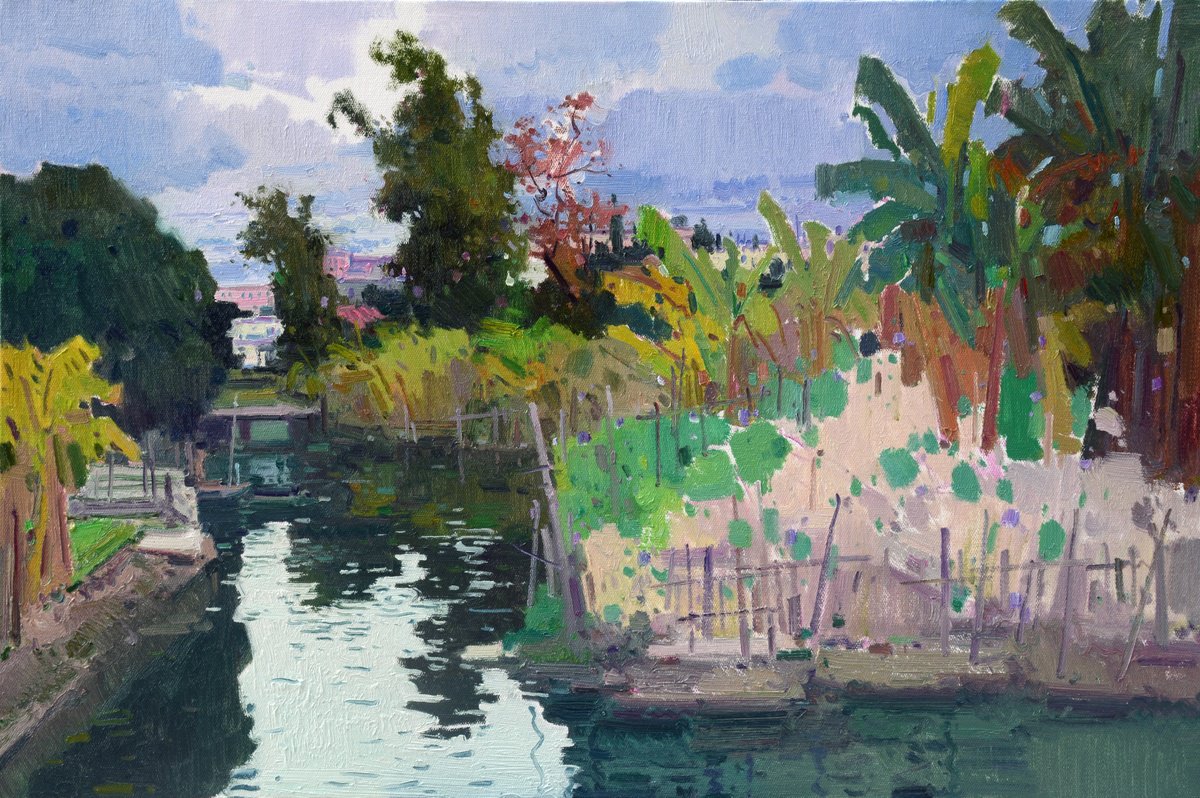 Impressionistic Landscape Oil Painting By Jianzhe Chon, 35 X 24, River In The Village 230, Original Artwork