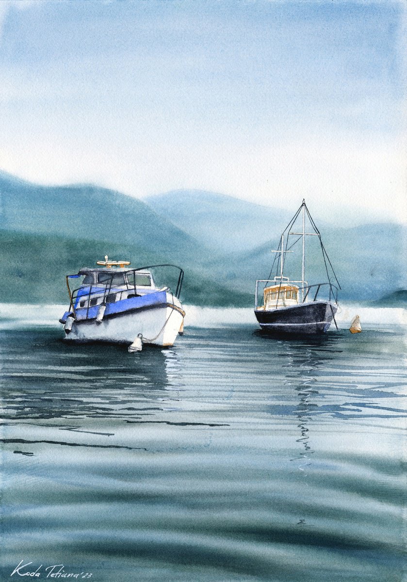 Photorealistic Landscape Watercolour By Tetiana Koda, 12 X 17", Boats On Lago D