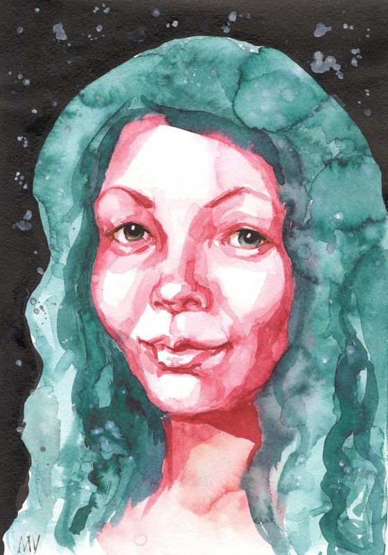 Let meI tell you about stars... - GIRL PORTRAIT - ORIGINAL WATERCOLOR PAINTING.