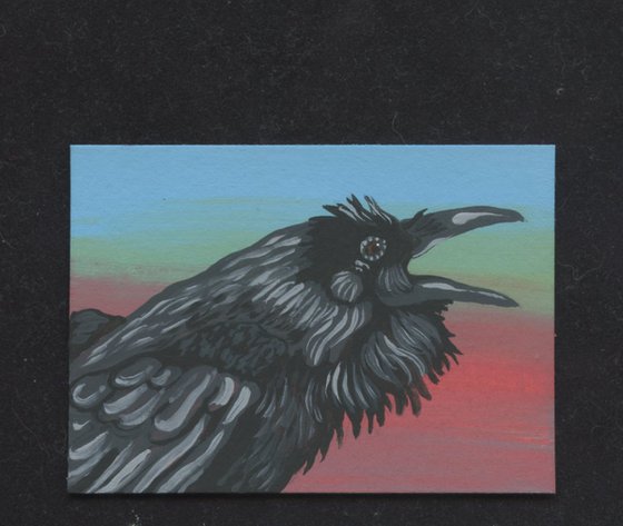 ACEO ATC Original Miniature Painting Crow Raven Bird Wildlife Art-Carla Smale