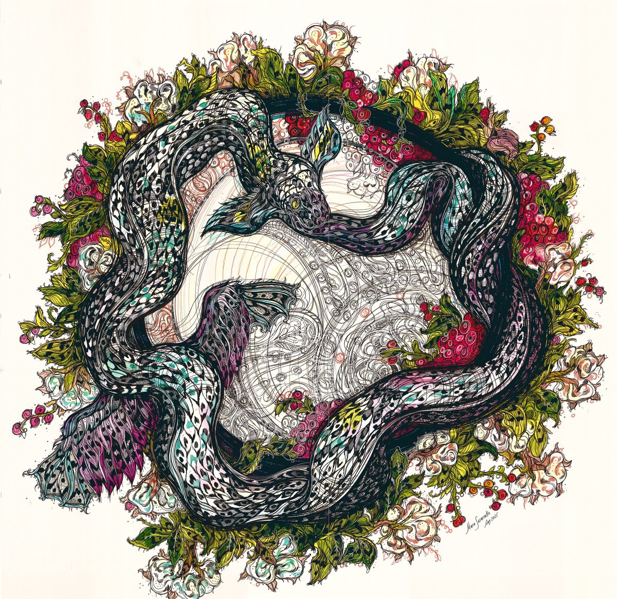 Impressionistic Animal Drawing By Maria Susarenko, 31 X 32", Autumn Ouroboros, Original Artwork