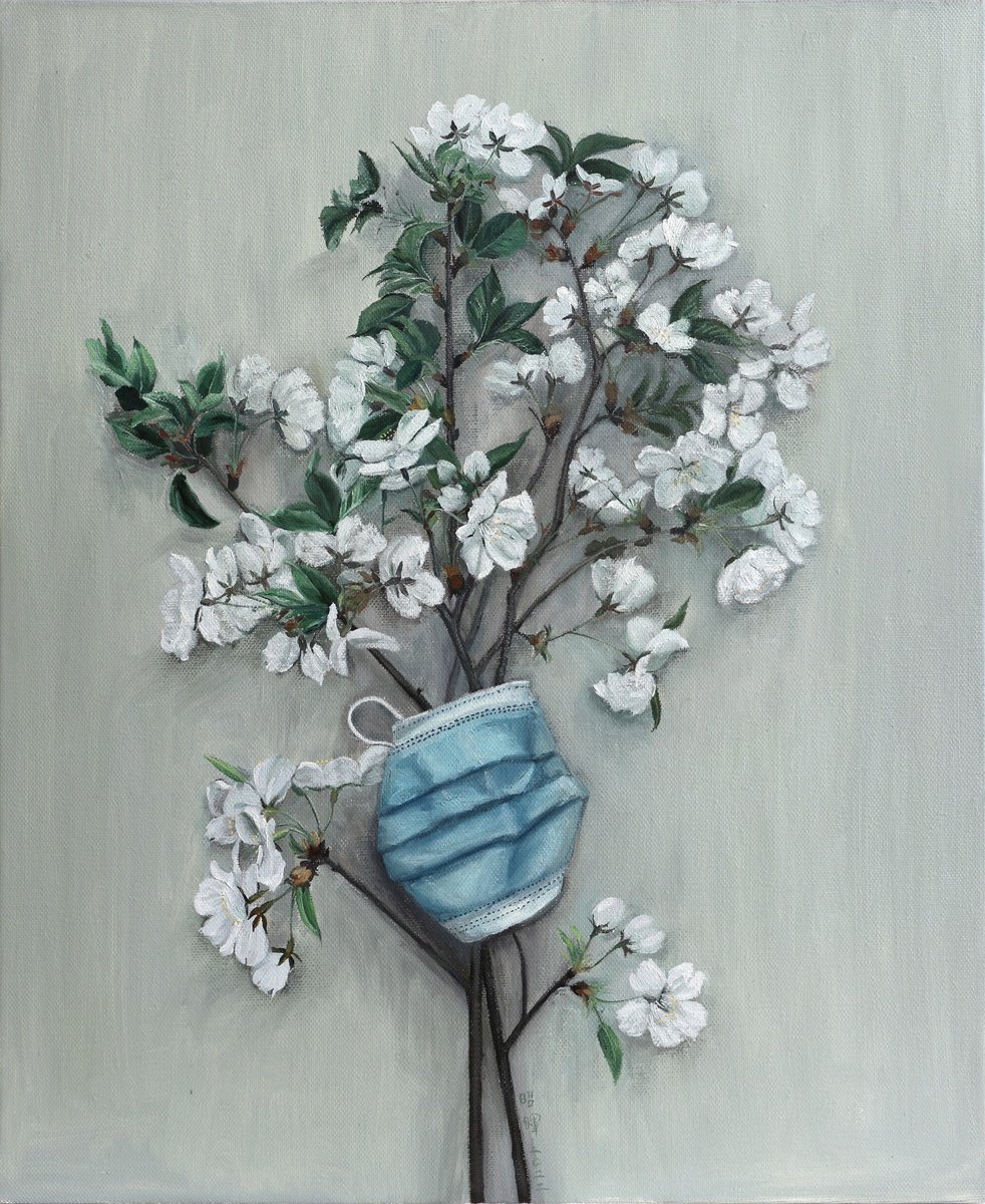 Photorealistic Botanical Oil Painting By Zhao Hui Yang, 22 X 26", Pear Flower Blossom, Original Artwork