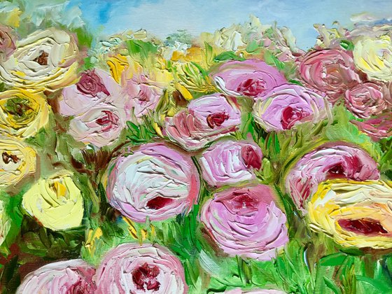 Large size WHITE PINK YELLOW PURPLE  ROSES in a Greenwich rose garden palette  knife modern still life  flowers office home decor gift