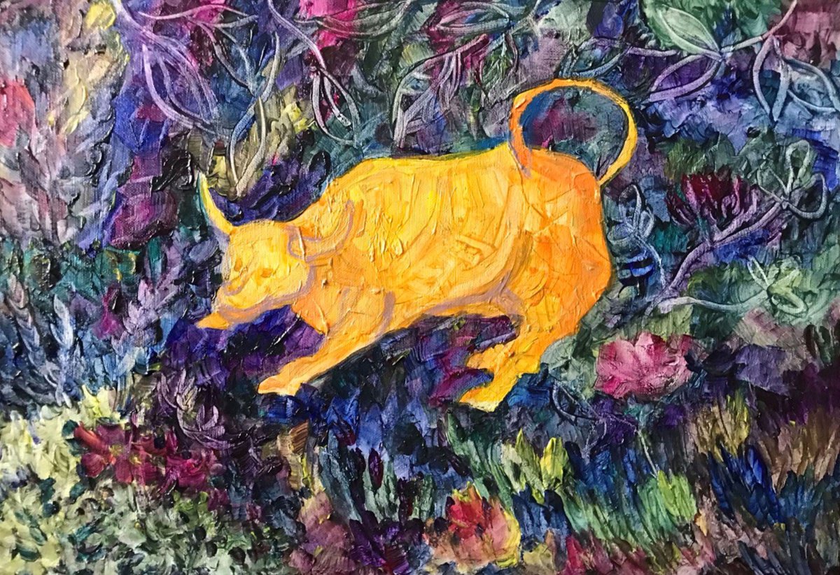 Abstract Animal Acrylic Painting By Tetiana Pchelnykova, 20 X 14", Myths Bull, Myths Series, Original Artwork