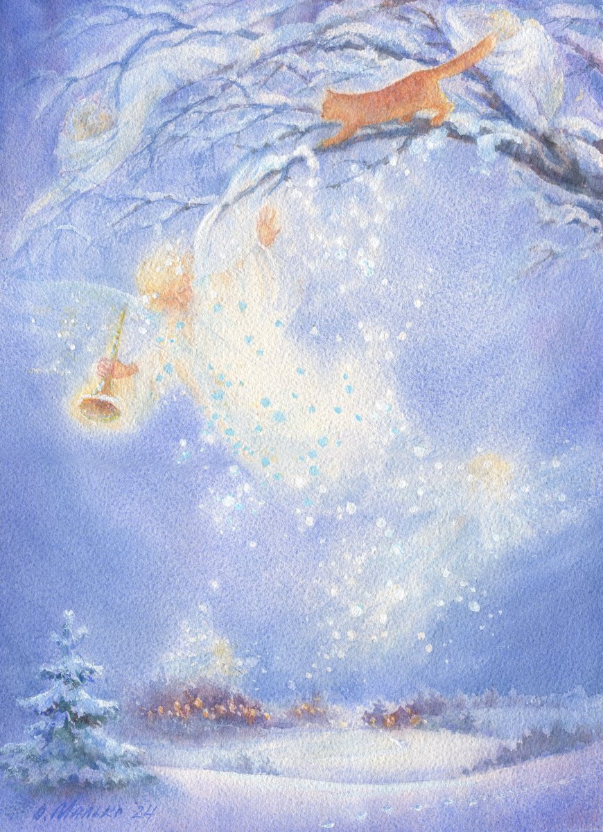 Illustrative Landscape Watercolour By Olha Malko, 11 X 15", Ginger Cat Wakes Up Angels, Original Artwork