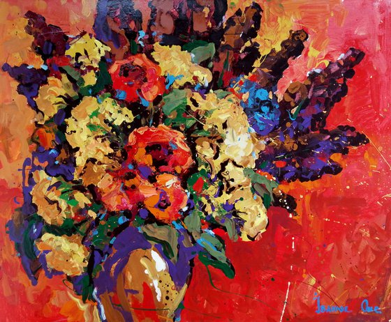Flowers on a red canvas