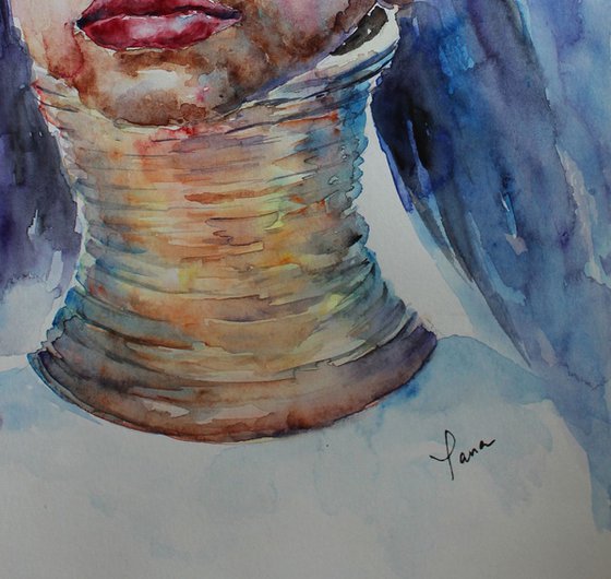 Karen Hill Tribe: Original Watercolor Portrait - Exotic Thailand Girl Artwork A4 size - Unframed Art, Signed Painting - Sad Watercolor Face - Wall Decor