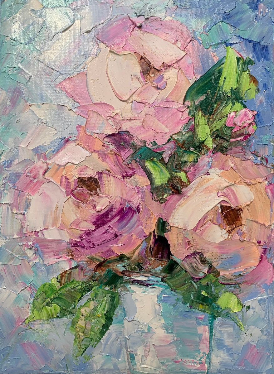 Pink Roses Artwork, Flower Painting, Oil Impasto, Original Art Modern, Decor Home, Paintin... by Kseniya Kovalenko