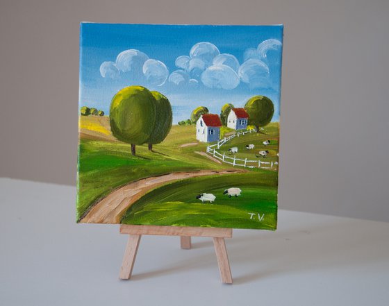 Naive rural landscape. Oil painting. 6 x 6in.