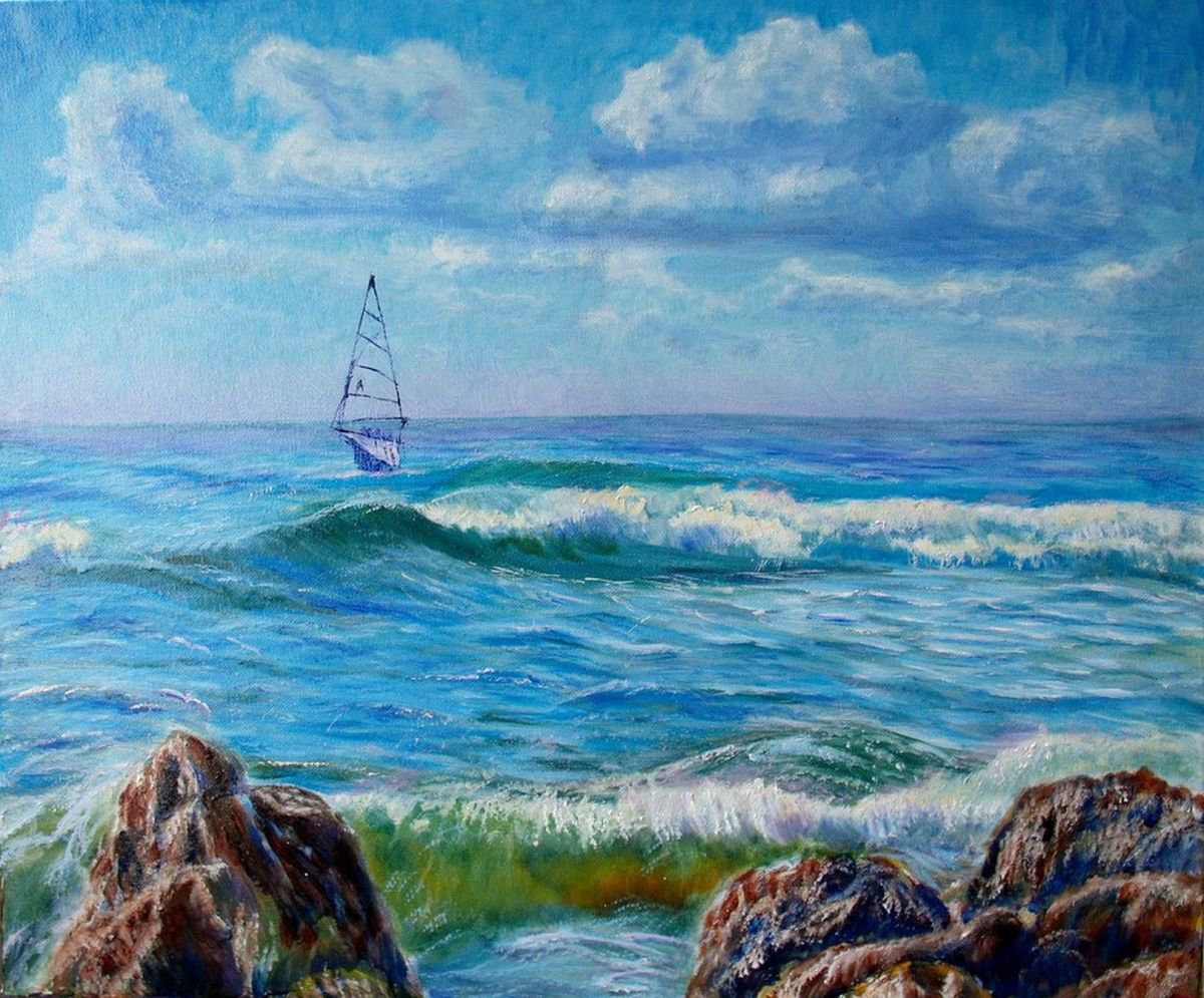 Impressionistic Landscape Oil Painting By Elena Sokolova, 24 X 20, Seascape, Original Artwork