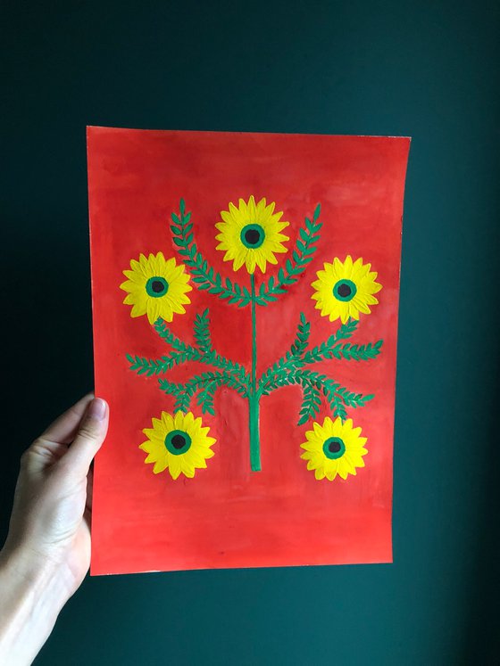 Decorative Sunflowers on Red