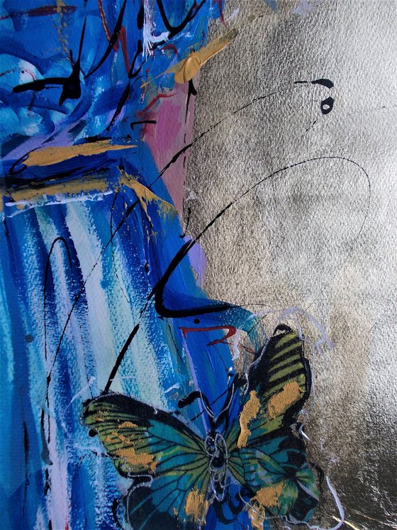 Butterflies In Her Hair -Woman Acrylic Mixed Media  Painting on Paper