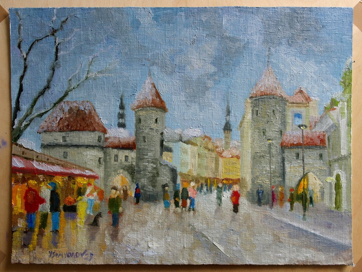 Impressionistic Cityscapes Oil Painting By Juri Semjonov, 16 X 12", Old Tallinn, Viru Street, Original Artwork