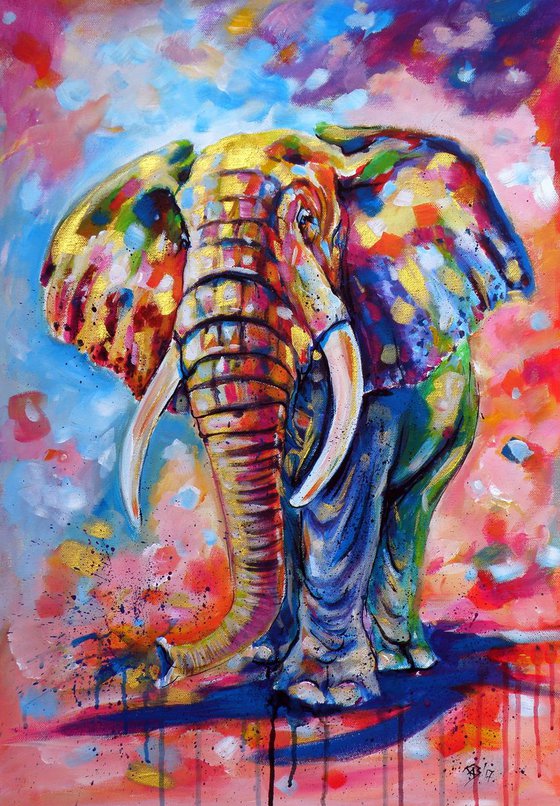 Big colorful elephant (70 x 50 cm) Acrylic painting by Kovács Anna ...