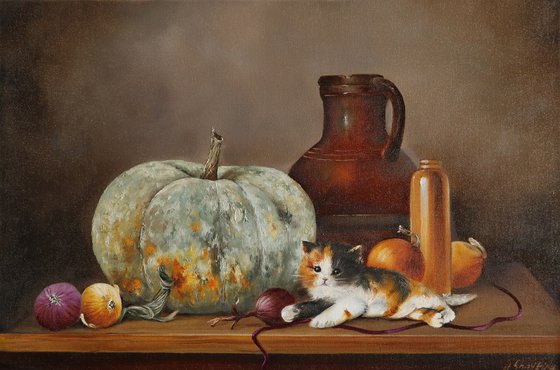 Pumpkin and Kitten Still Life