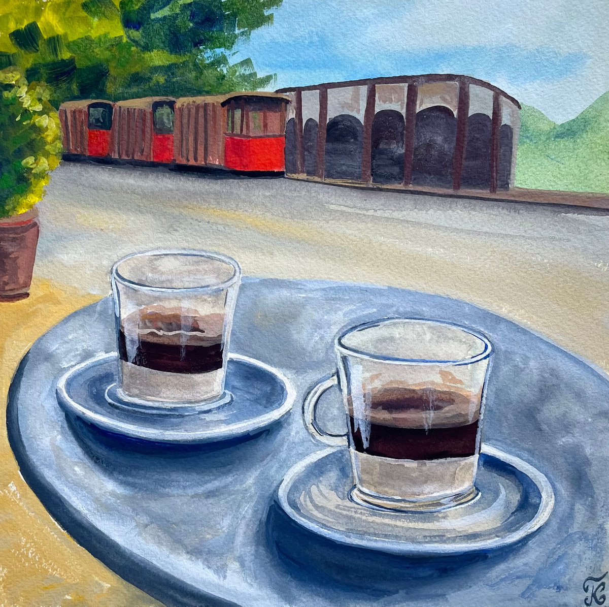 Coffee Original Gouache Painting, Spain Illustration, Europe Wall Art, Travel Gift by Kate Grishakova