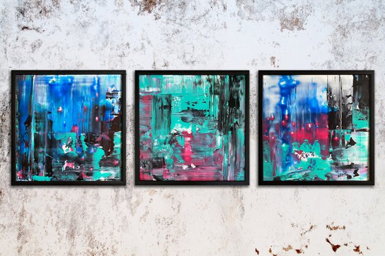 "Night Walkers" - Save As A Series - Original PMS Abstract Triptych Acrylic Paintings On Plexiglass, Framed - 78" x 26"