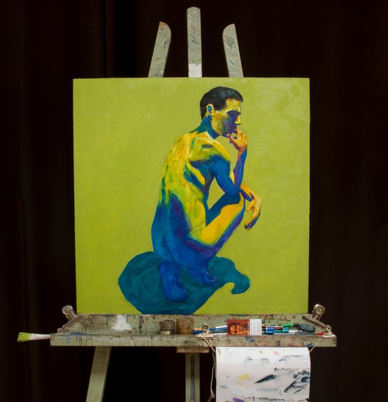 modern pop art portrait of a man in green blue and yellow