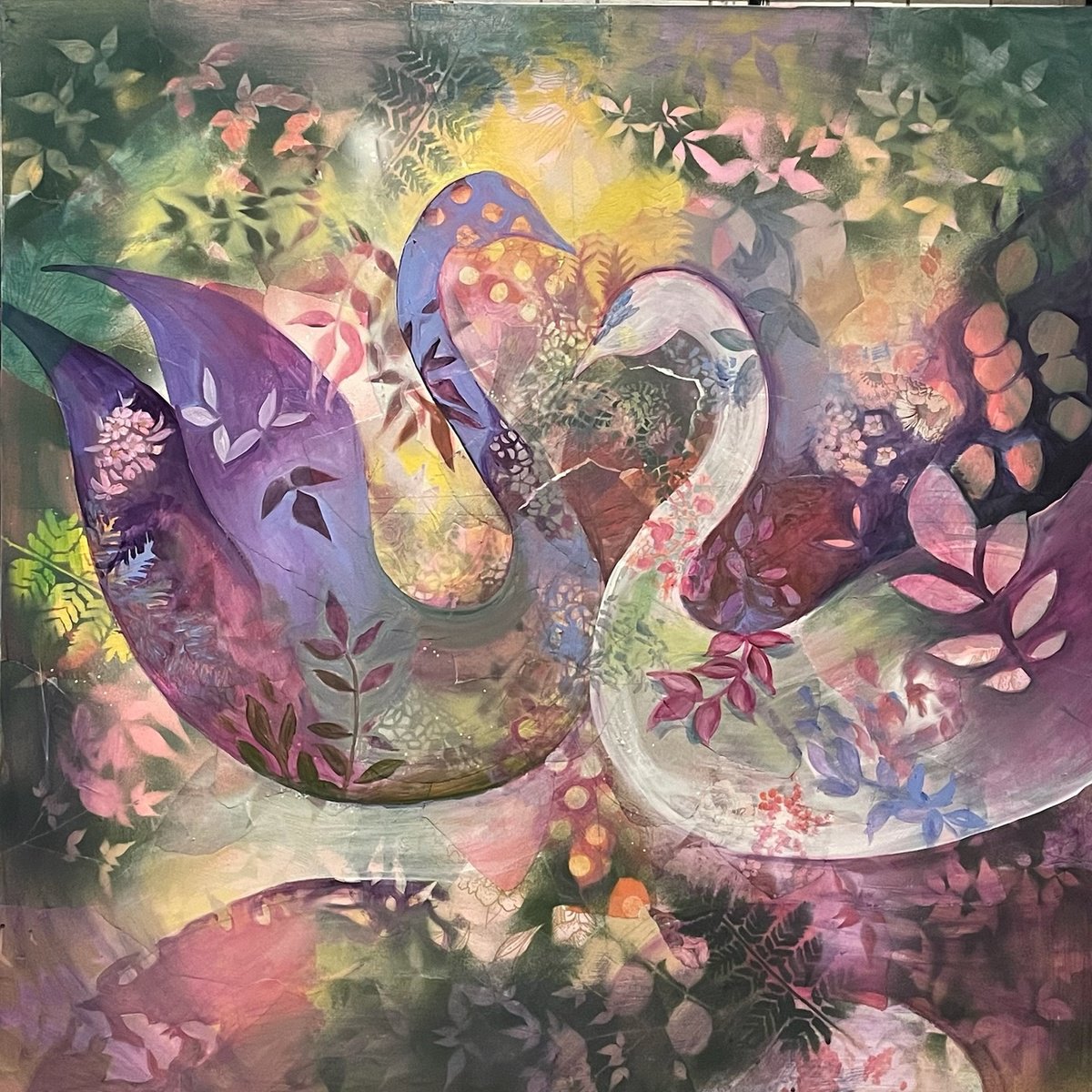 Expressive Animal Acrylic Painting By Eliry Arts, 40 X 40, Two Swans, Original Artwork