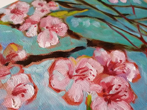 Almond blossom oil painting on wood