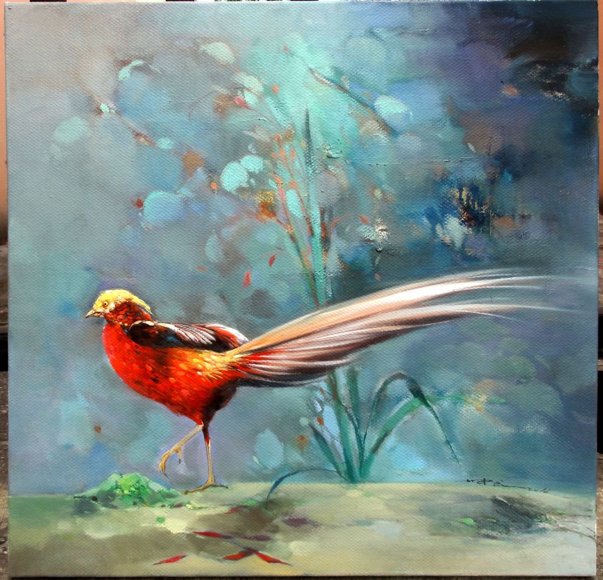 Photorealistic Animal Oil Painting By Kunlong Wang, 24 X 24", Pheasant, Original Artwork