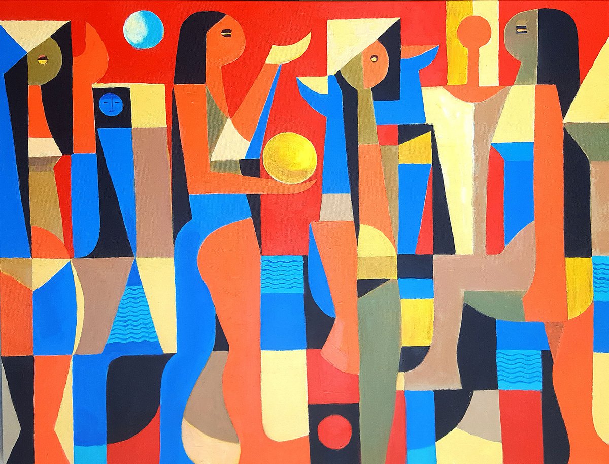 Expressive Portrait Acrylic Painting By Vadim Vaskovsky, 40 X 30", Beach Volleyball, Original Artwork