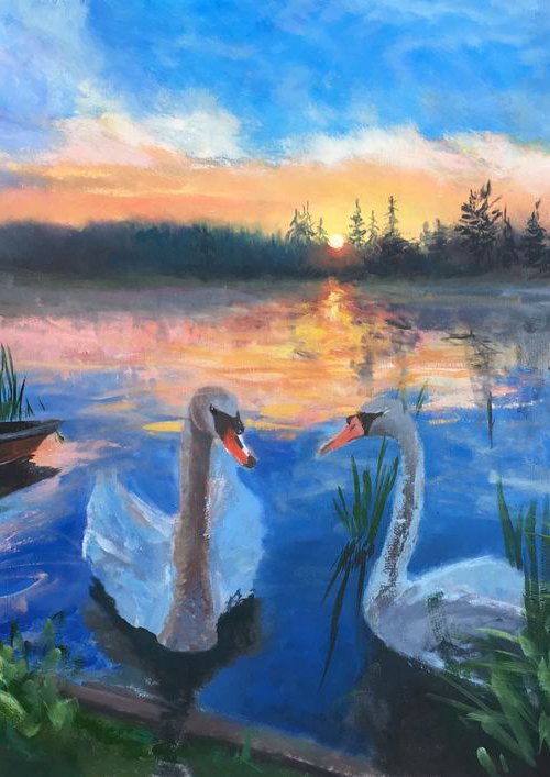 Lake, Evening, two Swans, Large Landscape by Leo Khomich