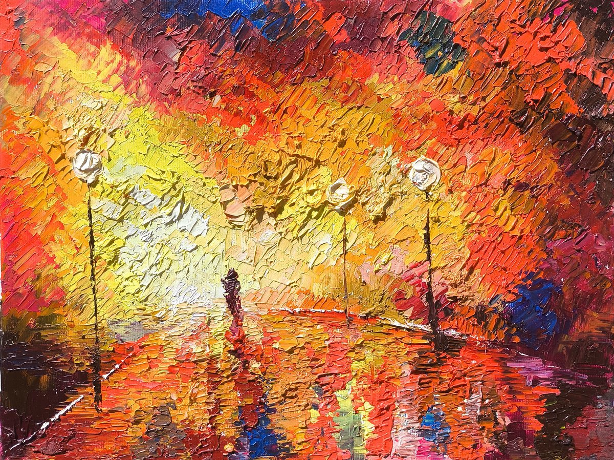 Impressionistic Cityscapes Oil Painting By Vahe Bagumyan, 16 X 12", Luminous Pathway, Original Artwork