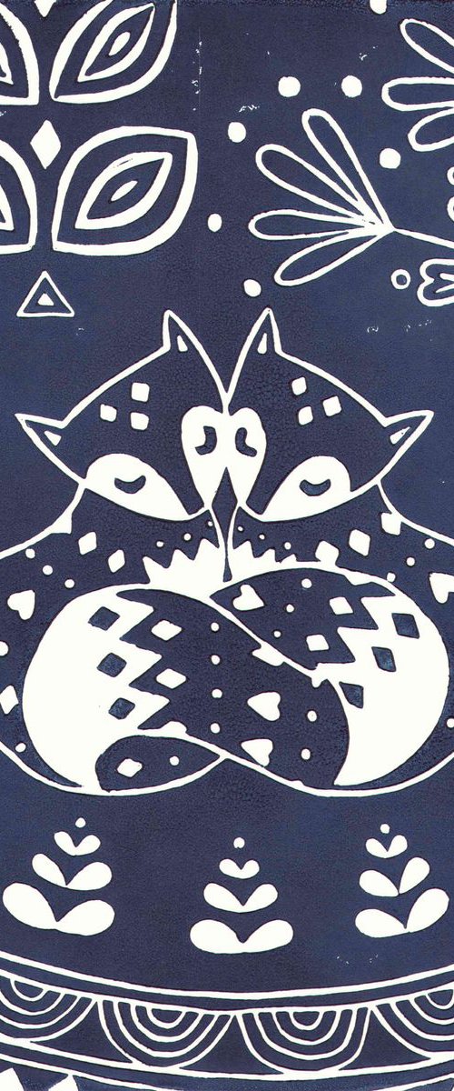 Daniel and Rosie Fox in midnight blue, limited edition scandinavian folk art, linocut print by Katie Farrell