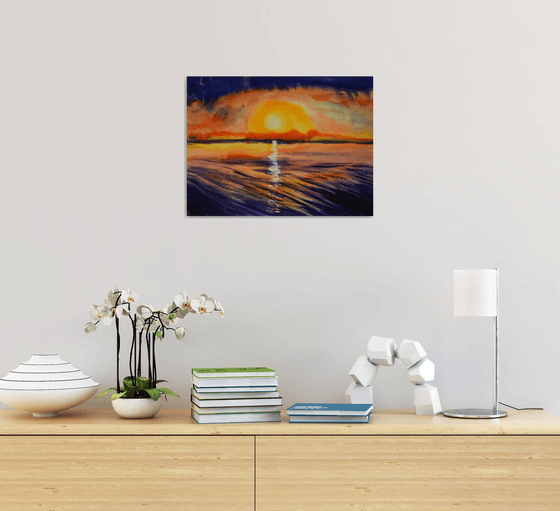 Sunset seascape original watercolor painting, coastal home decor