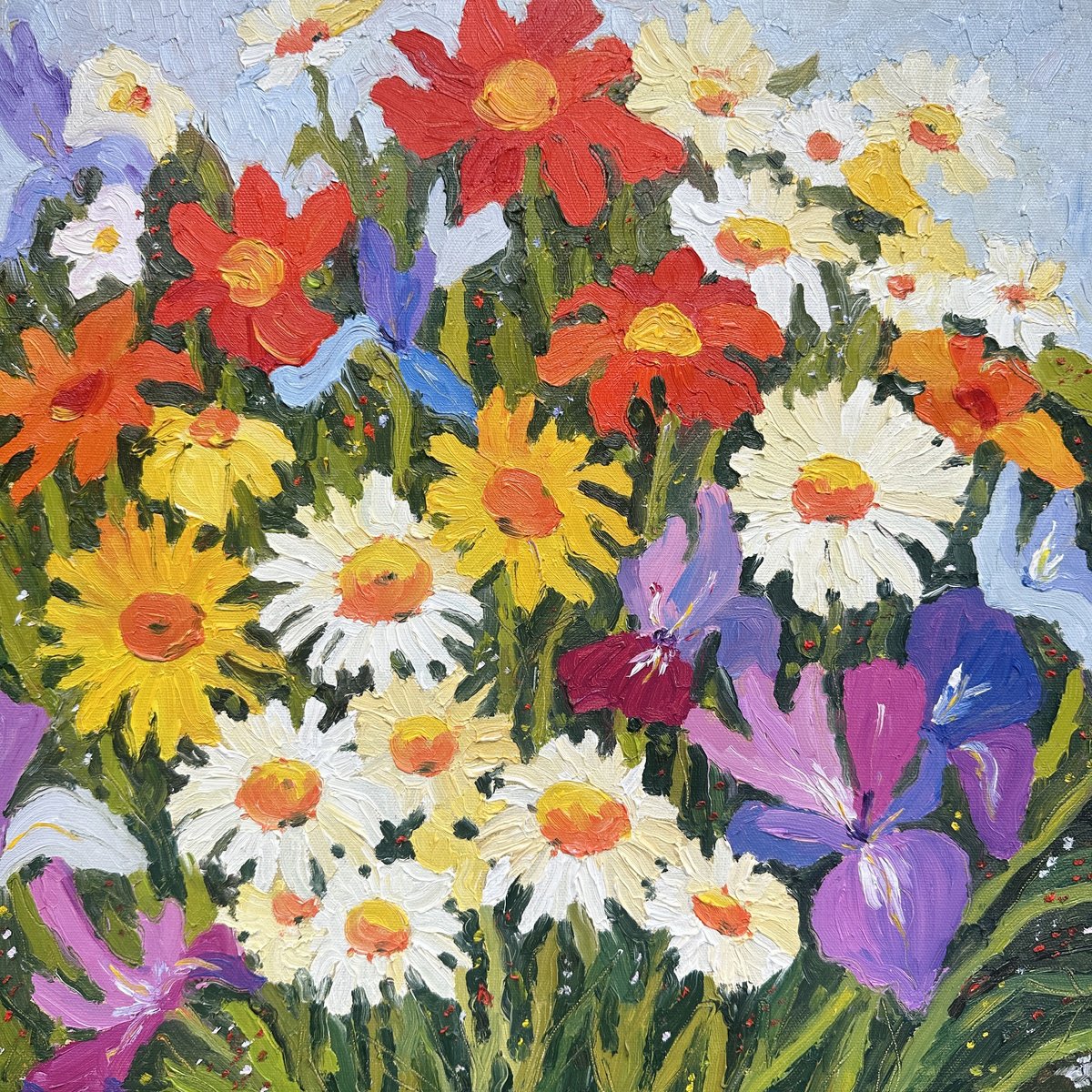 Impressionistic Botanical Oil Painting By Irina Anis, 16 X 16, Chamomiles And Irises, Original Artwork