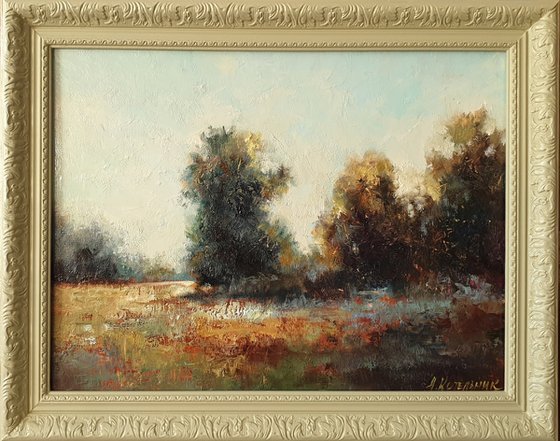 "Quiet evening."  landscape summer trees  liGHt original painting PALETTE KNIFE  GIFT (2020)