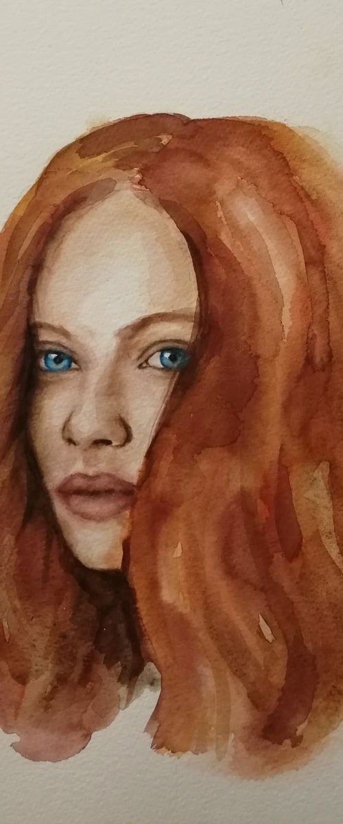 Red hair girl - original watercolor portrait by Mateja Marinko