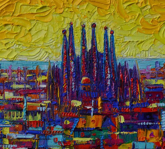 BARCELONA VIEW AT SUNRISE SAGRADA FAMILIA SEEN FROM PARK GUELL modern impressionist abstract stylized cityscape palette knife oil painting by Ana Maria Edulescu