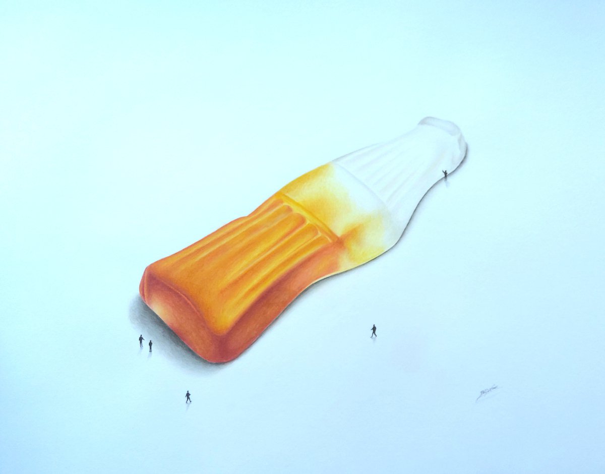 Urban And Pop Abstract Pencil Drawing By Daniel Shipton, 20 X 16, Cola Bottle An Installation, Original Artwork