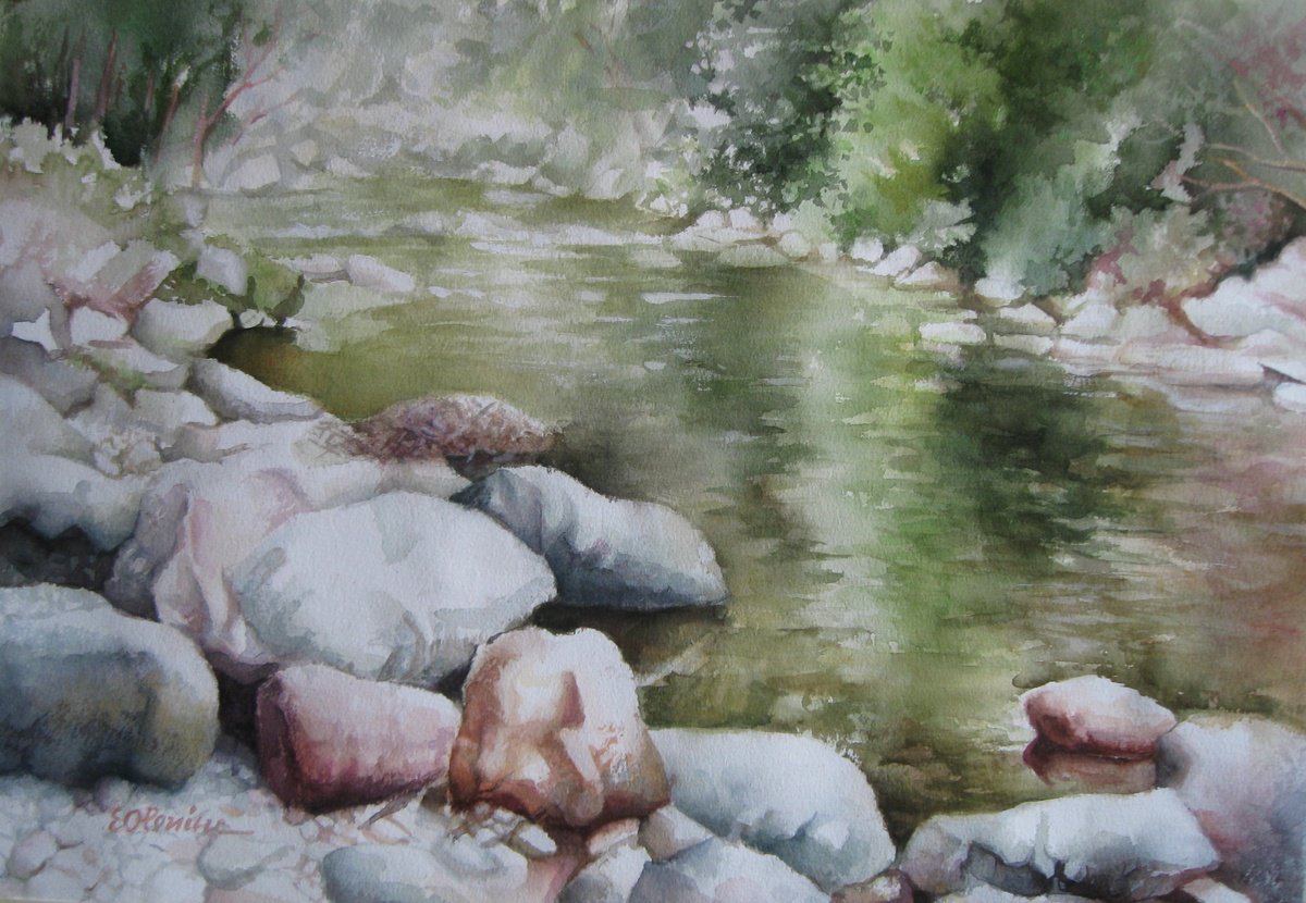 Impressionistic Landscape Watercolour By Elena Oleniuc, 22 X 15, Stones At The River, Original Artwork