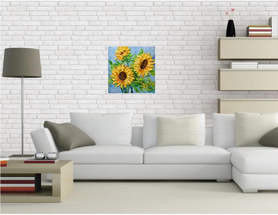 Sunflowers on Blue III - Original Floral Painting on Canvas, Palette Knife Art, Textured Impasto Artwork