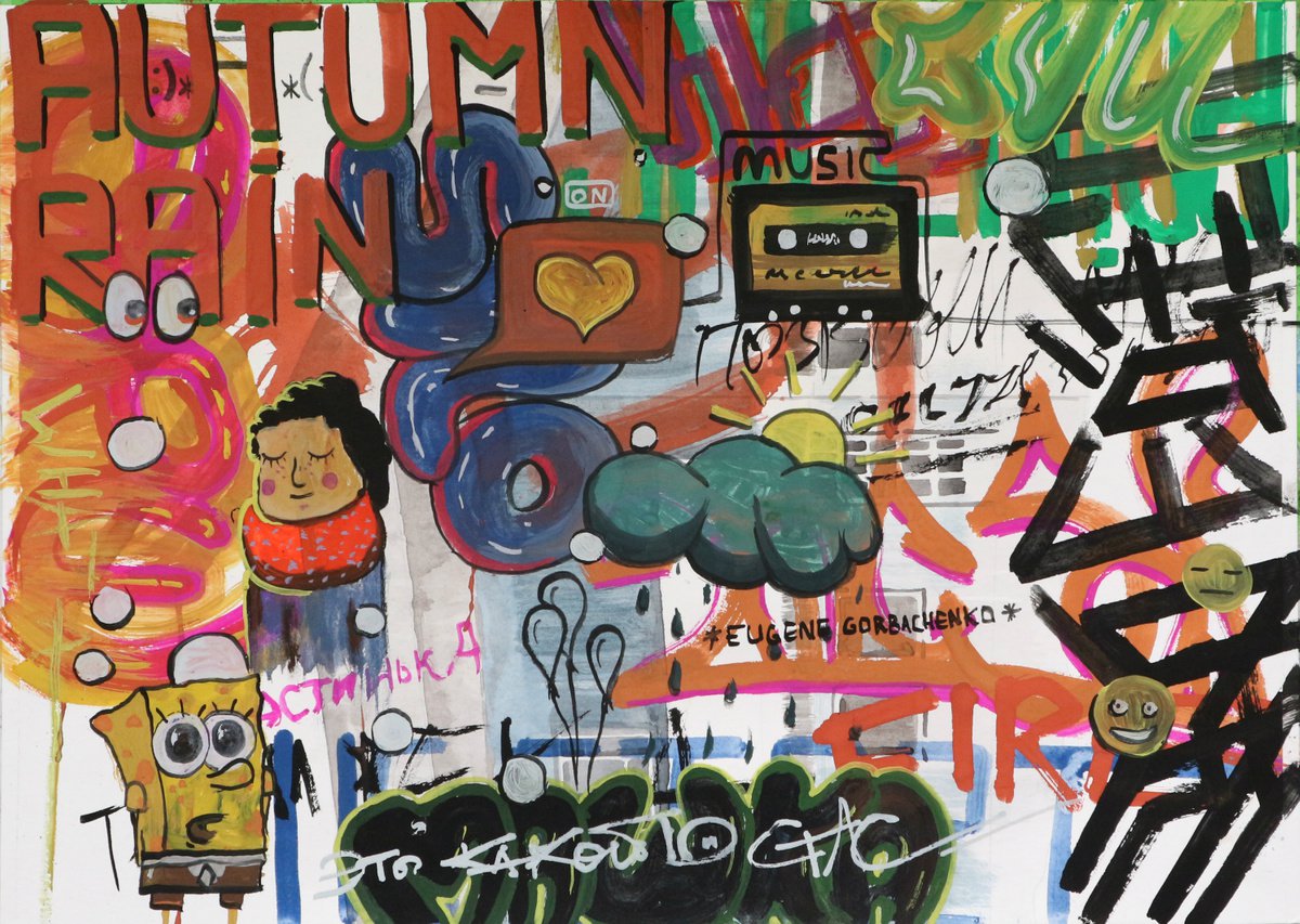 Abstract Painting By Eugene Gorbachenko, 17 X 12, Autumn Rain Graffiti, Original Artwork