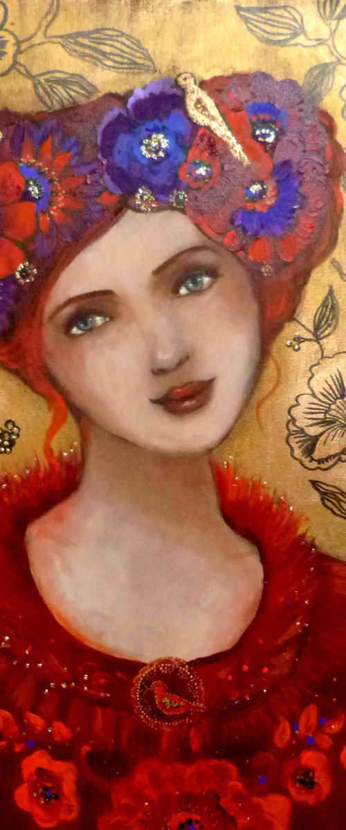 Leonie with birds 38 x 46 cm by Loetitia Pillault